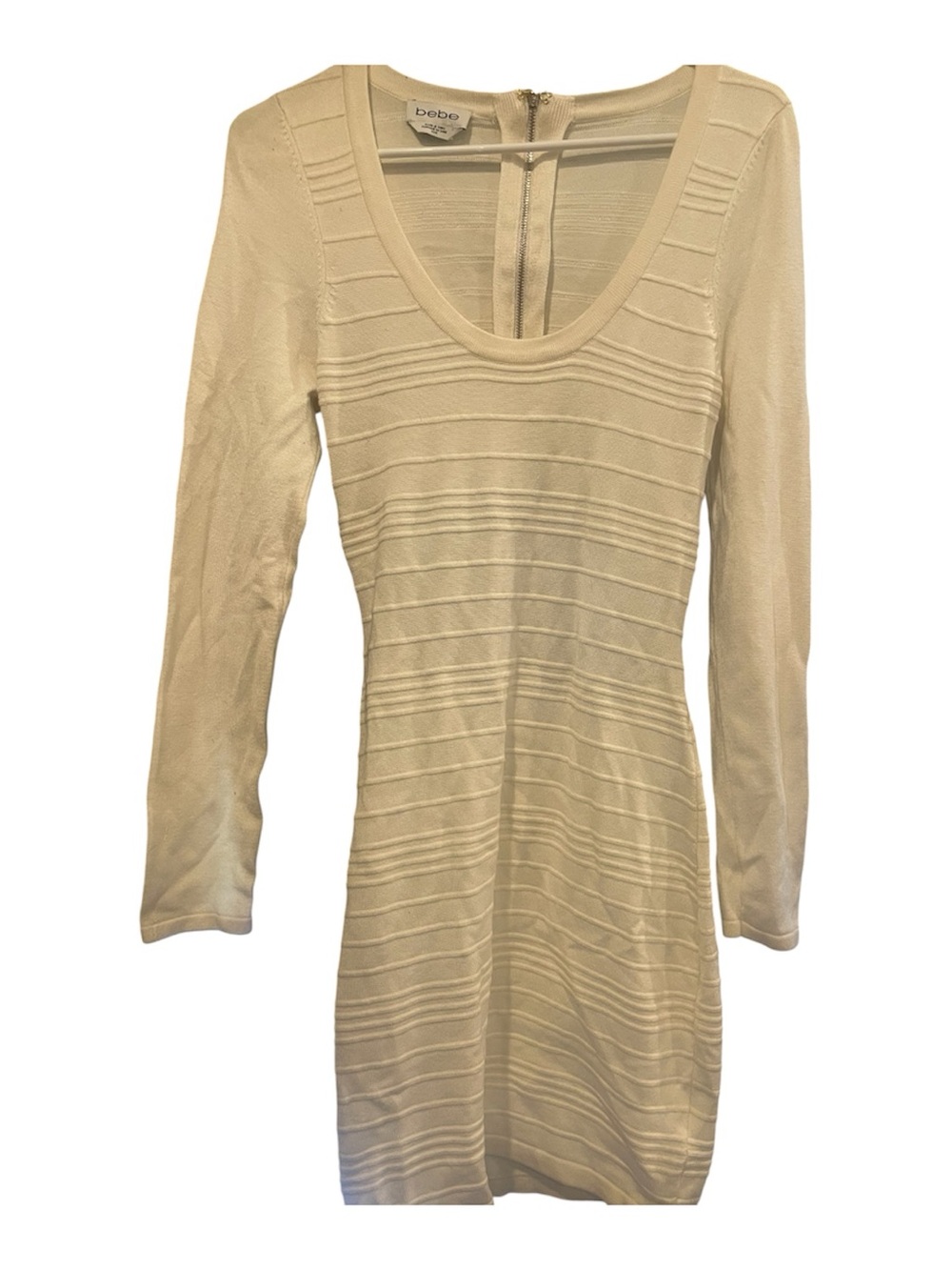 bebe Cream Textured Ribbed Long Sleeve Backless Dress